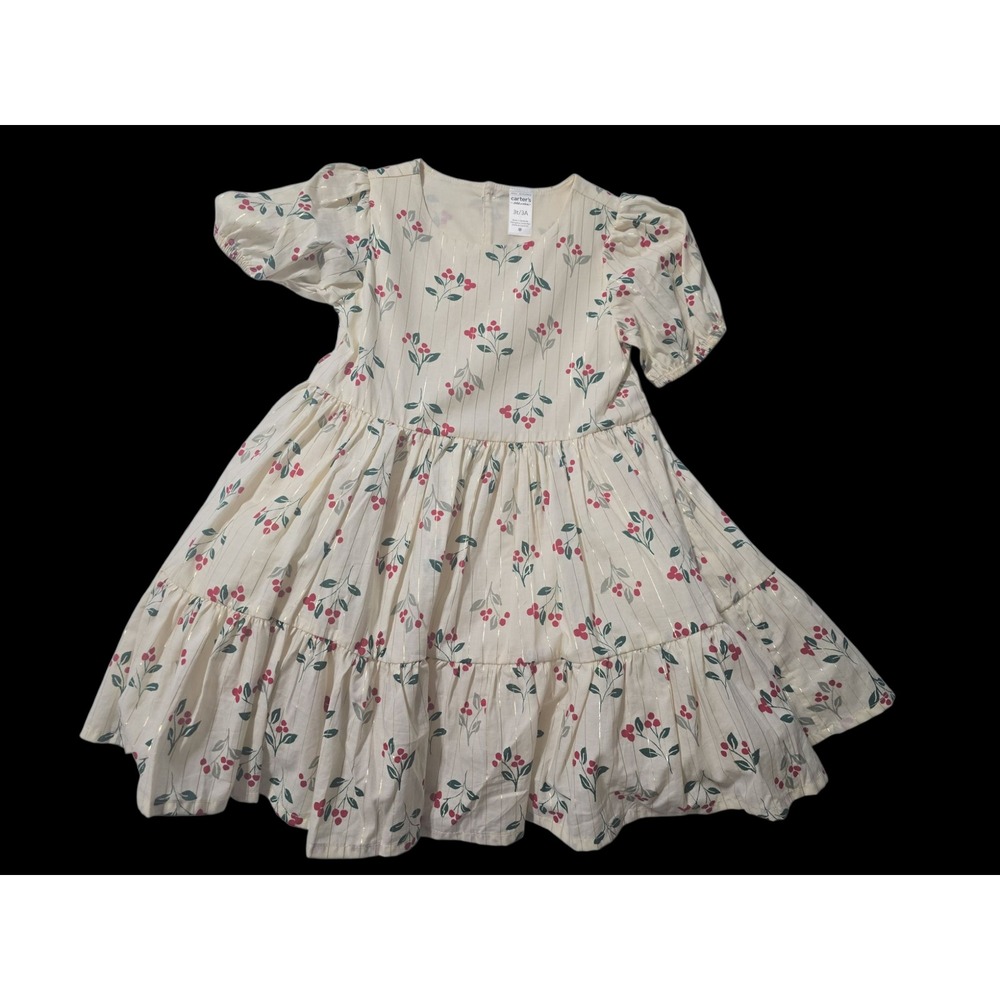 Carters Girls 3T Cream Cherry Gold Metallic Tiered Dress New